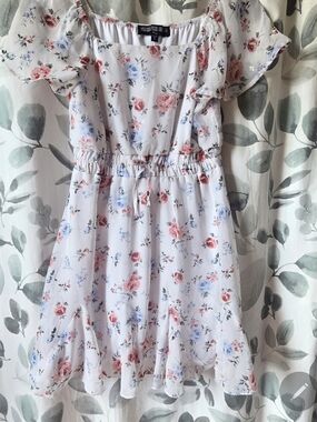 Three Hearts White Dress with Pink and Blue Floral Print & Blue Knit Cardigan